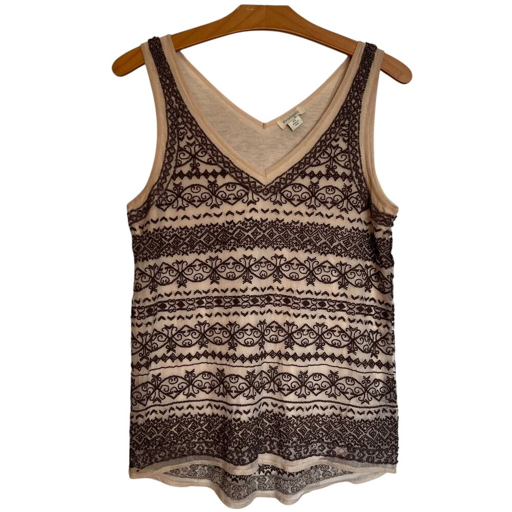 Sundance Bruin Beaded Embroidered Tank Top Brown Tan Sleeveless Boho Hippie S